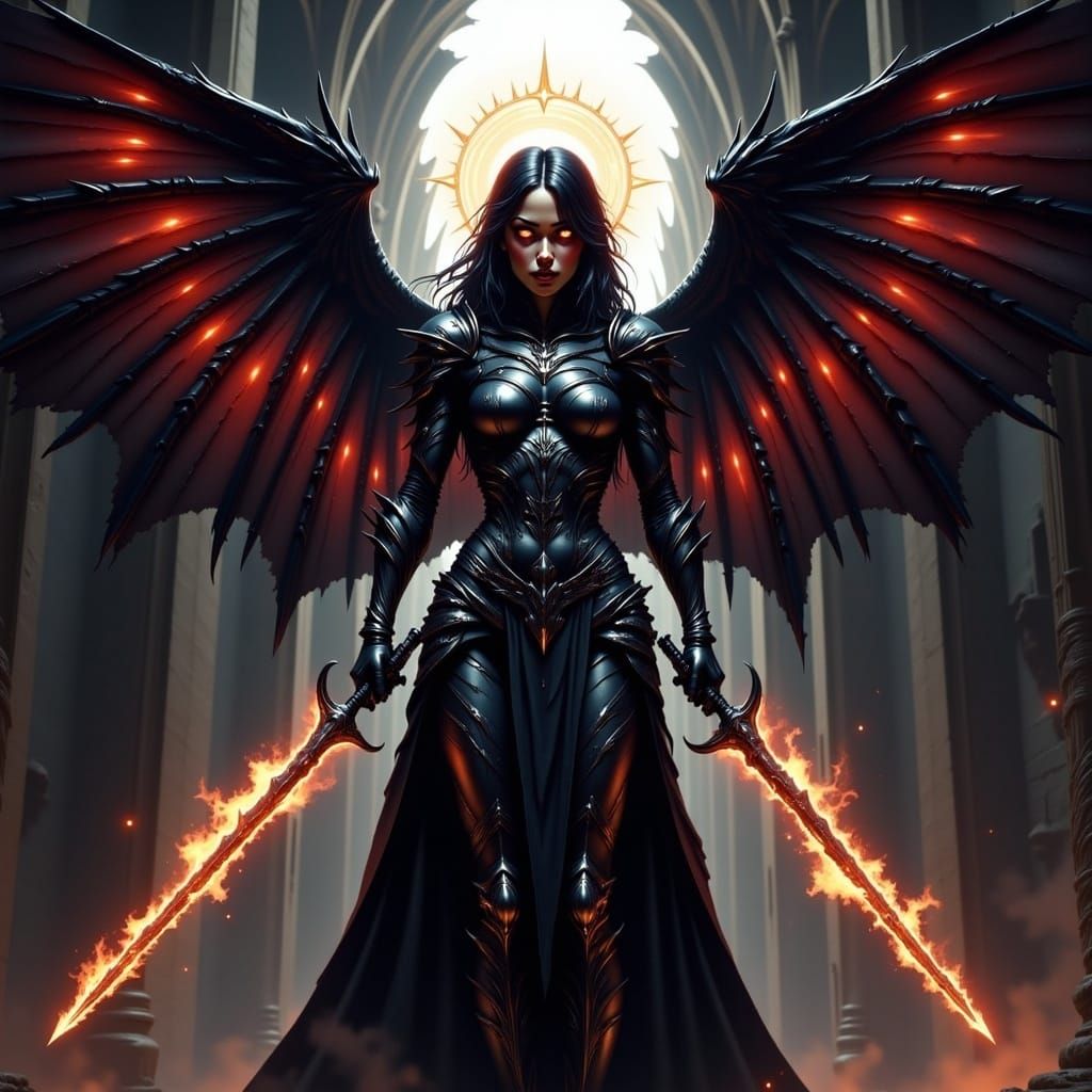 Ethereal Warrior with Flaming Swords in Dark Cathedral