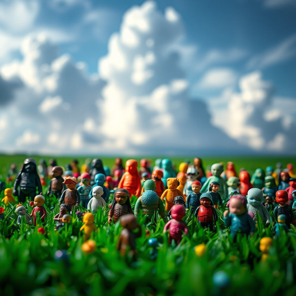 Mini Figurines in Emerald Field: Hyper-Realistic HDR Image