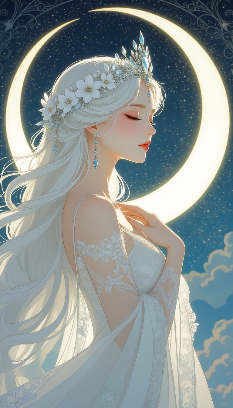 Ethereal Moon Goddess Portrait in Art Nouveau Style