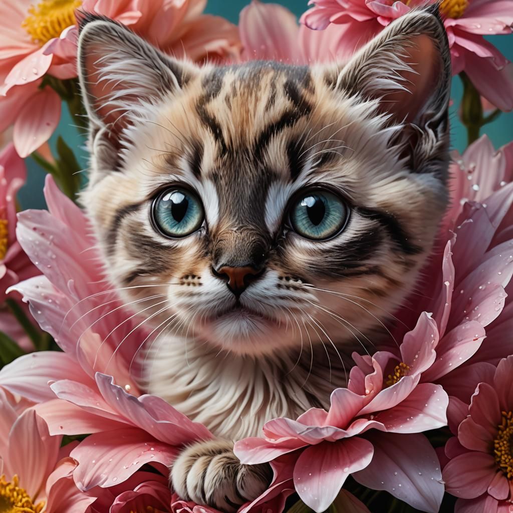 Cute Kitten Inside Flower: Hyperrealistic Portrait