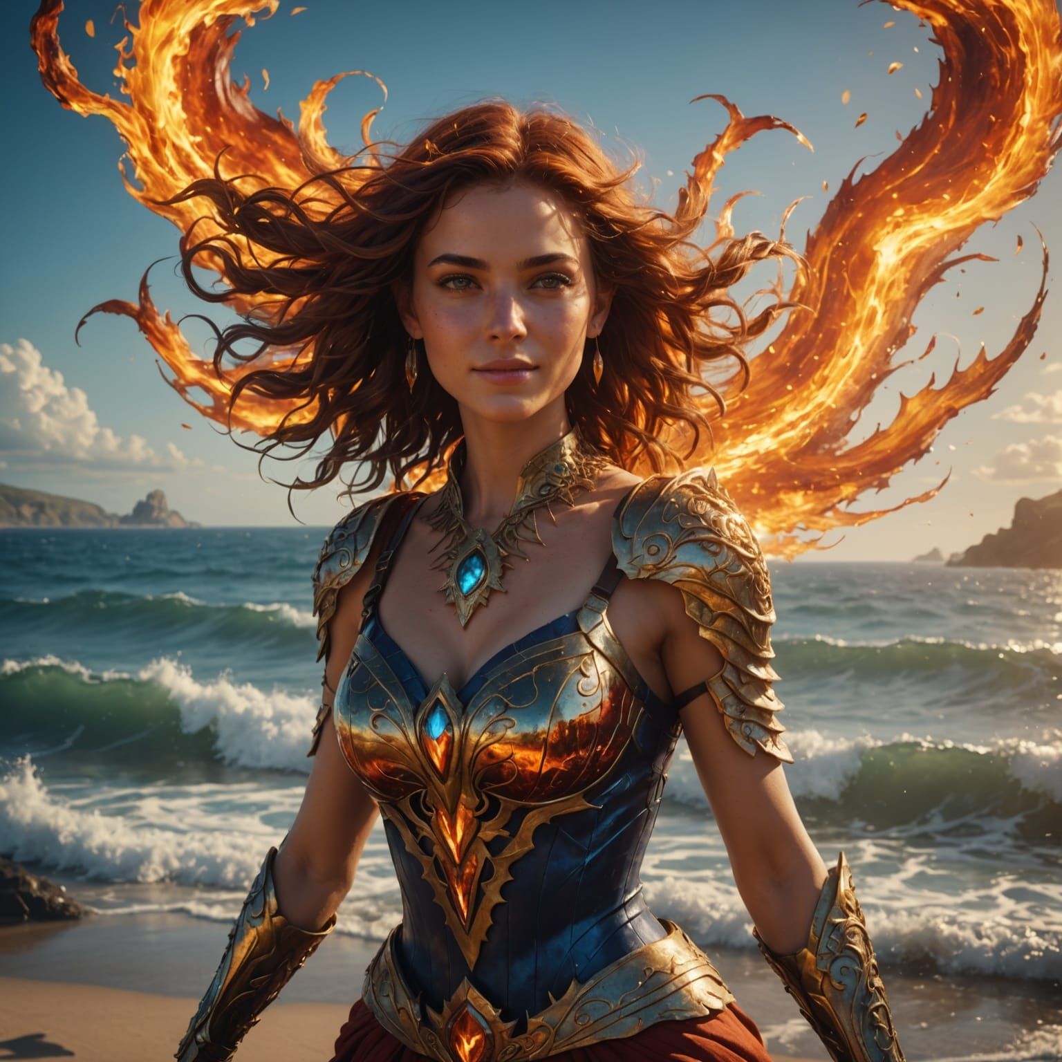 Surreal Goddess Emerges from Fiery Ocean with Radiant Smile