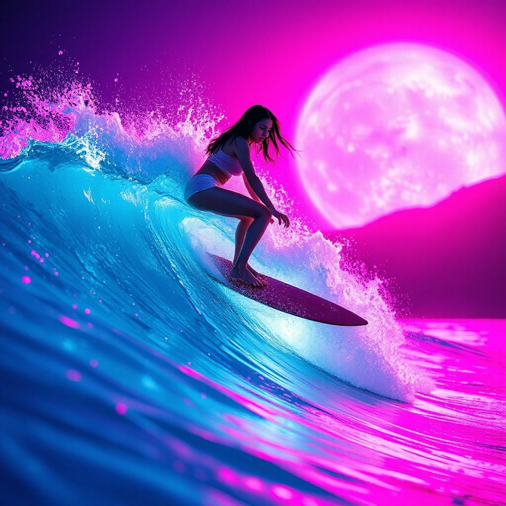 Retro-Futuristic Surfer Girl Riding a Neon Wave
