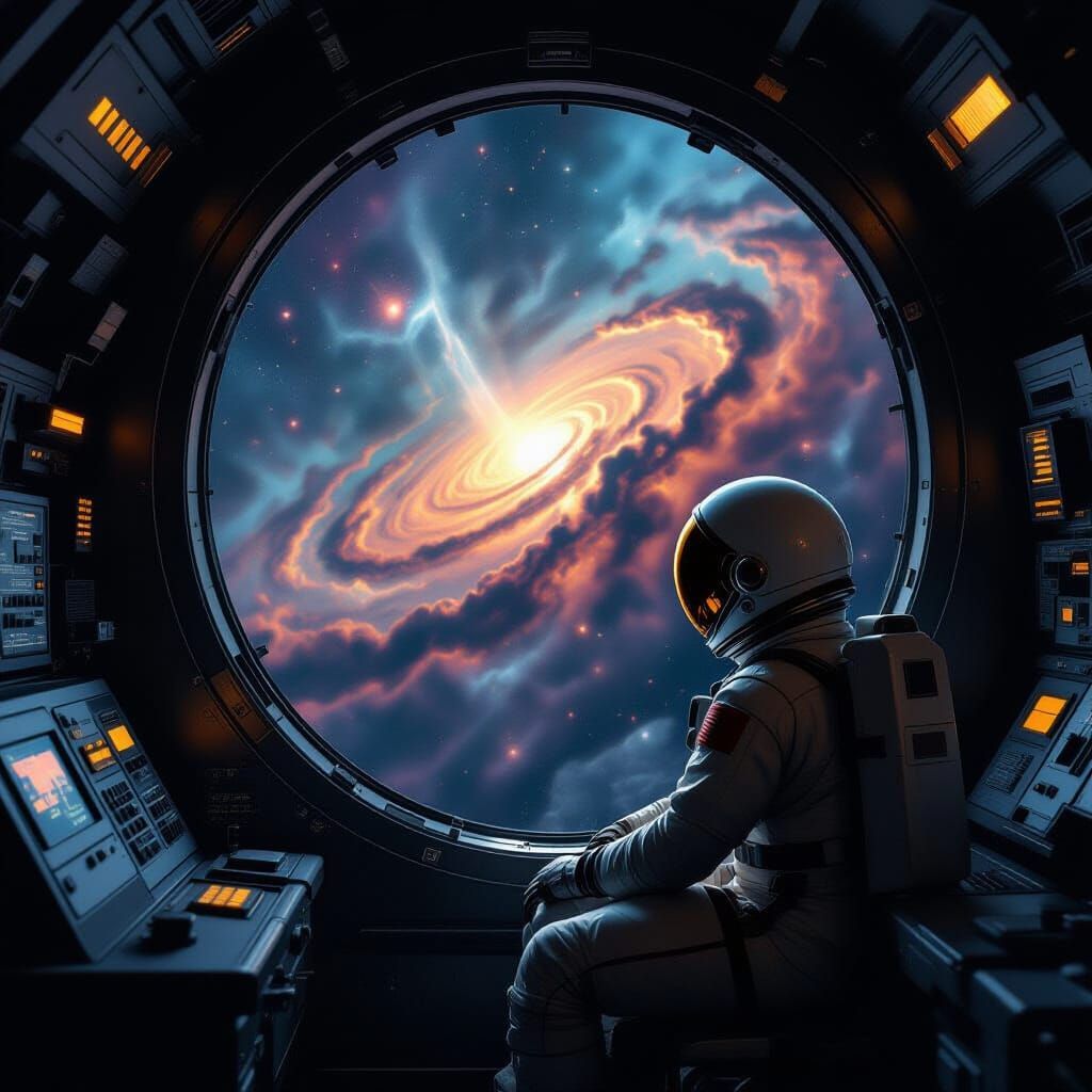 Lone Astronaut Gazes at Swirling Nebula in Retro Spaceship