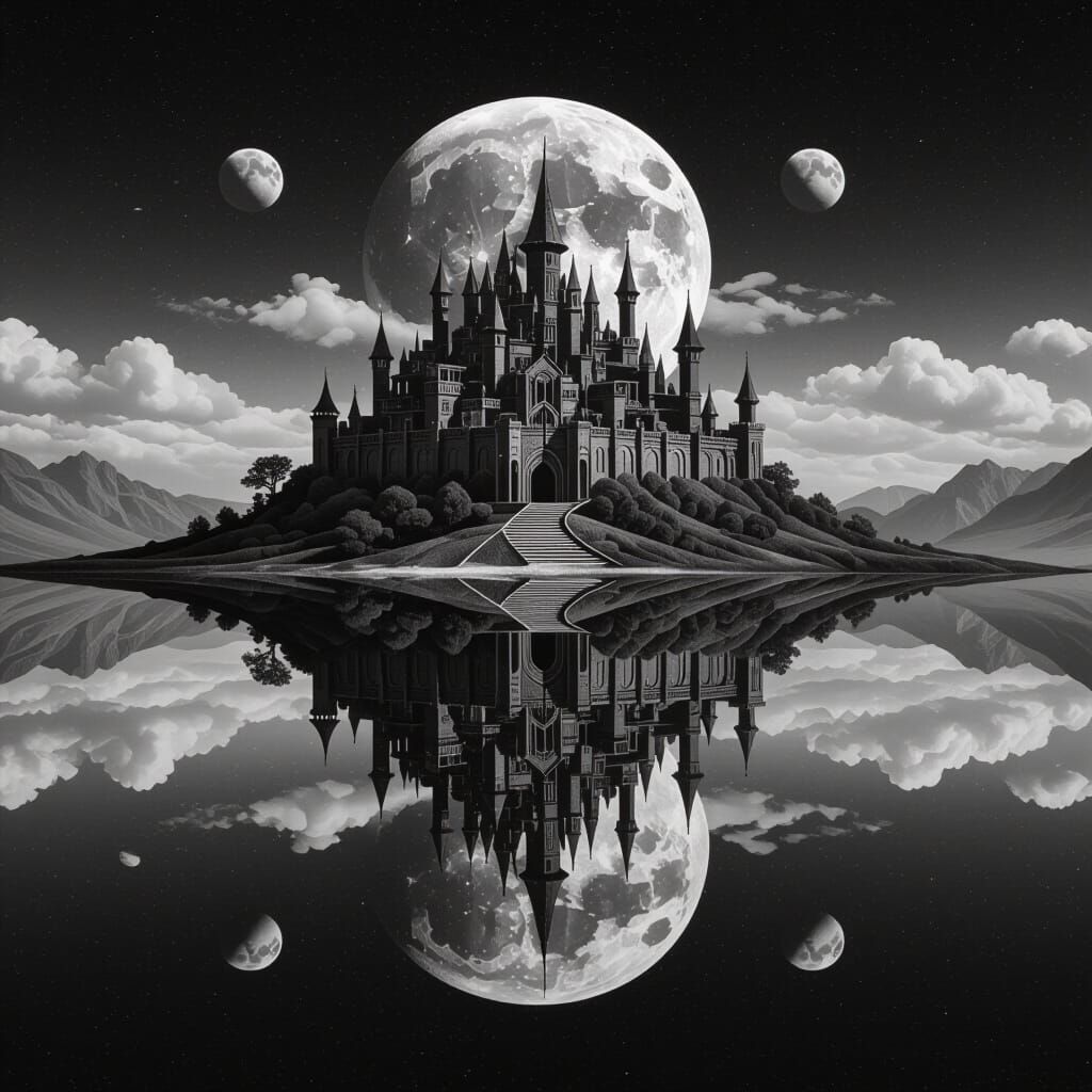 Black and White Surreal Fantasy World Reflection