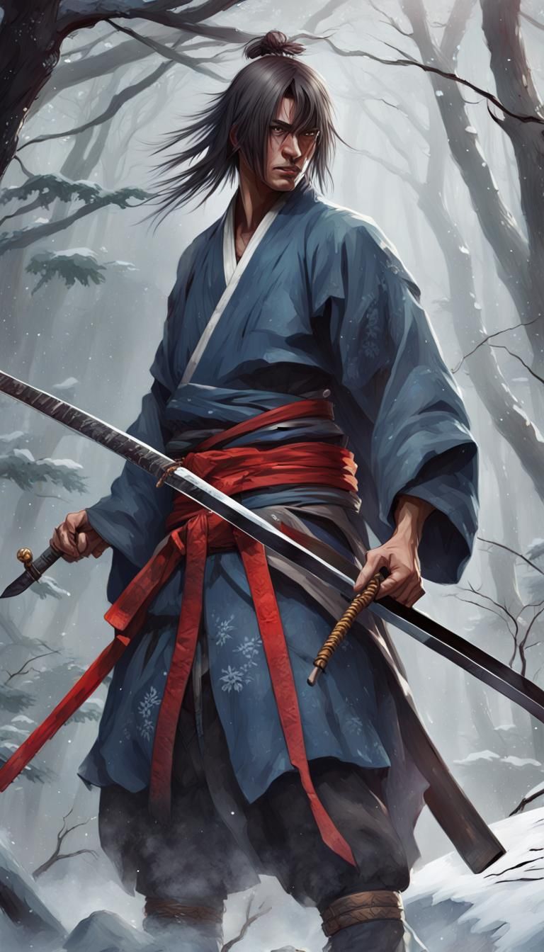 Samurai Warrior Ready for Battle, Detailed Art Nouveau Portr...