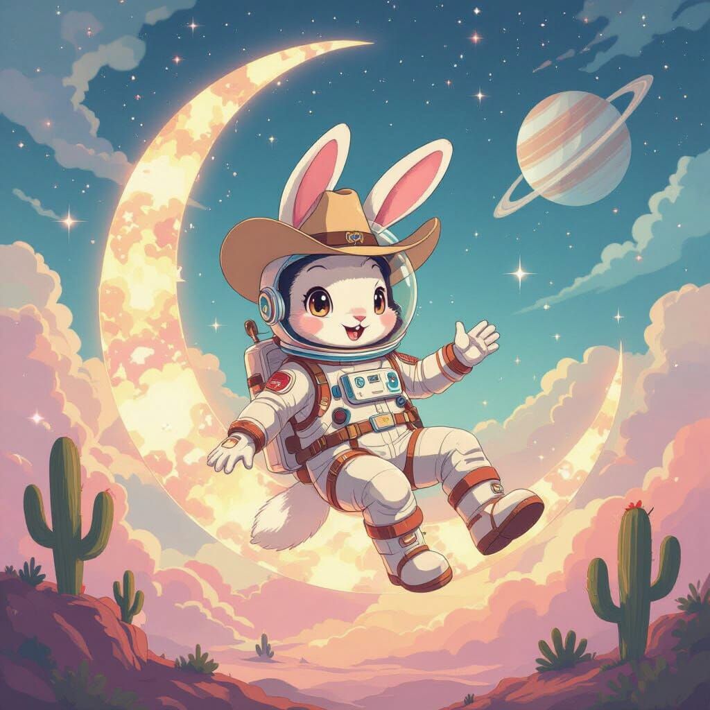 Anime concept art. A whimsical rabbit astronaut, wearing a r...