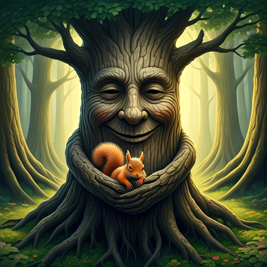 Magical Tree Tenderly Holds Content Baby Squirrel in Branche...