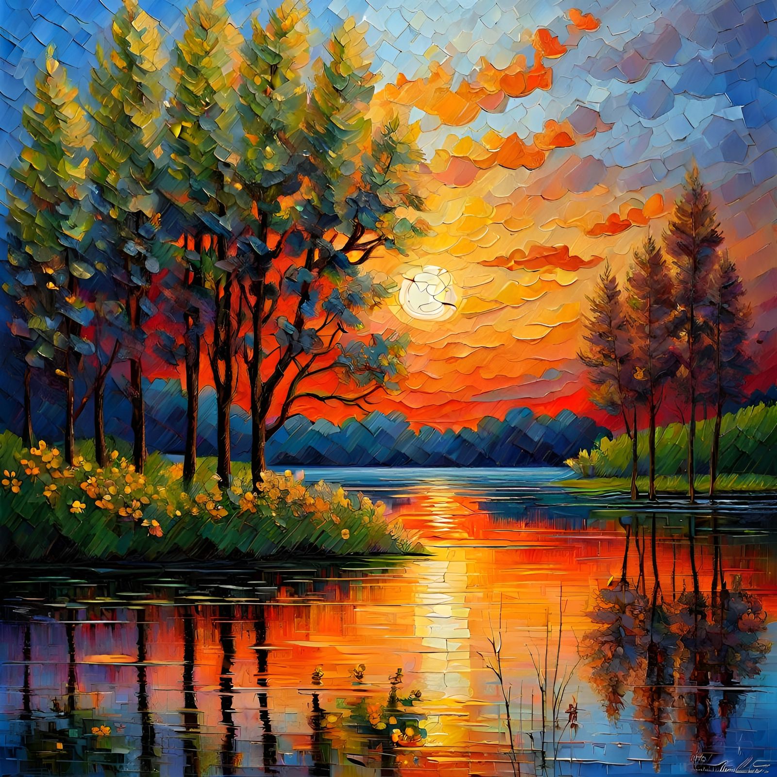 Vibrant Autumn Sunrise in Impasto Style