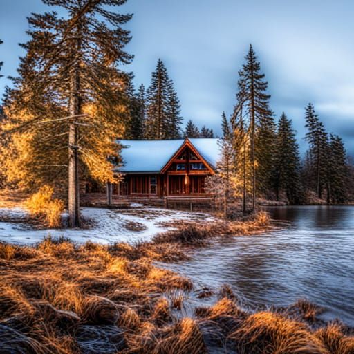 Icy Lake Landscape with Cabin and Pines