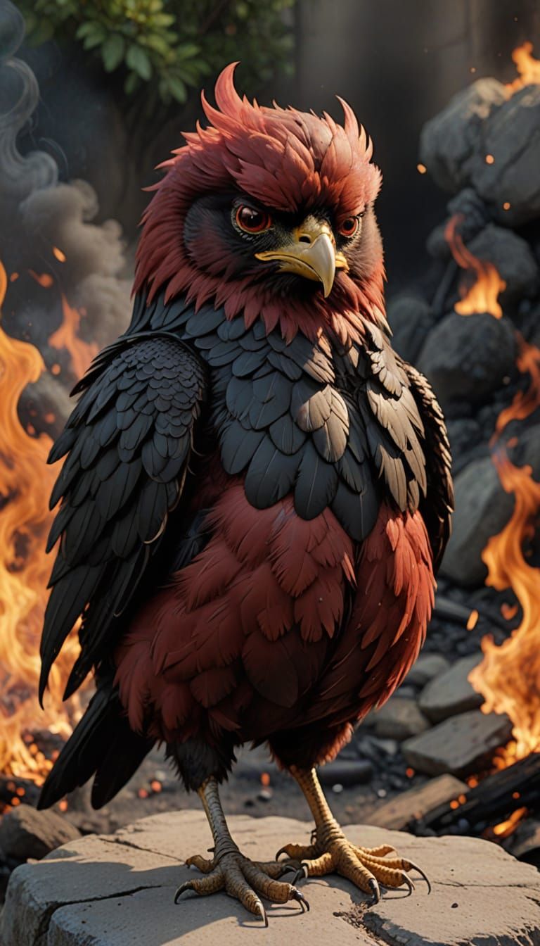 Grumpy Anthropomorphic Chick with Burning Maroon and Black