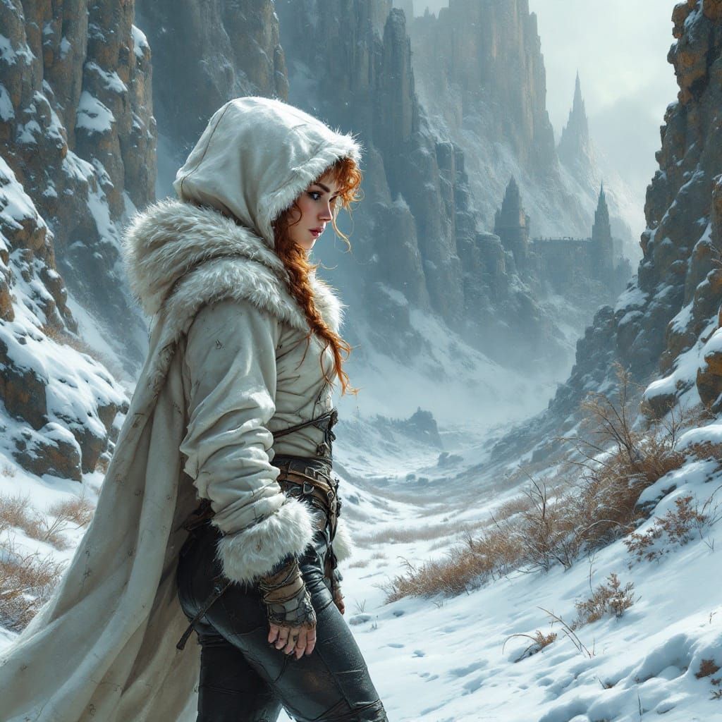 Adventurer in Snowy Mordor: Detailed Fantasy Illustration