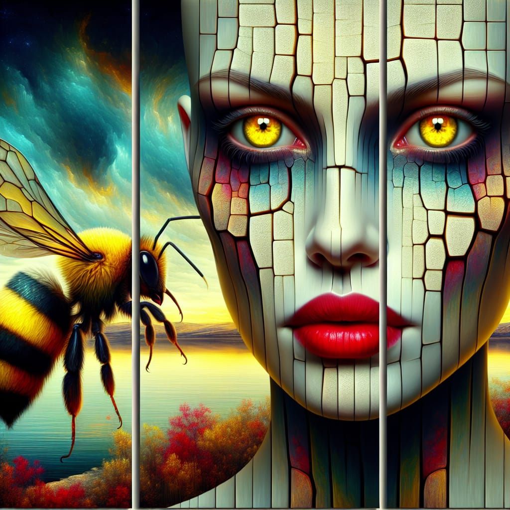 Surreal Portrait with Bee and Cracked Texture