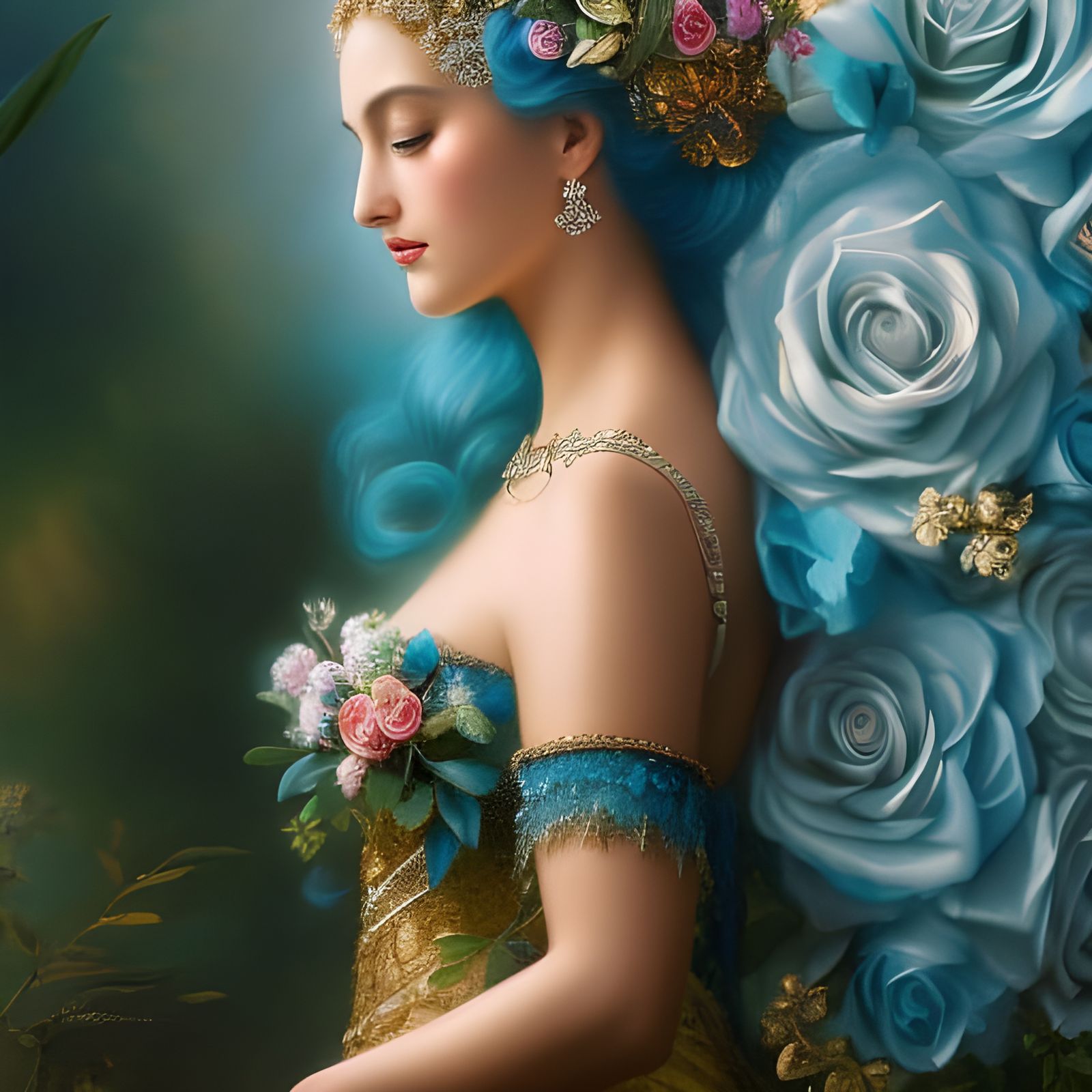 Goddess in Rococo Style with Blue Roses