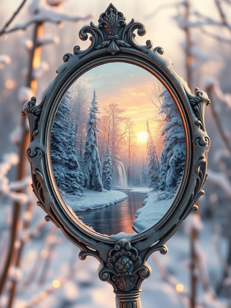 Antique Mirror Reflects Golden Icy Forest at Sunset