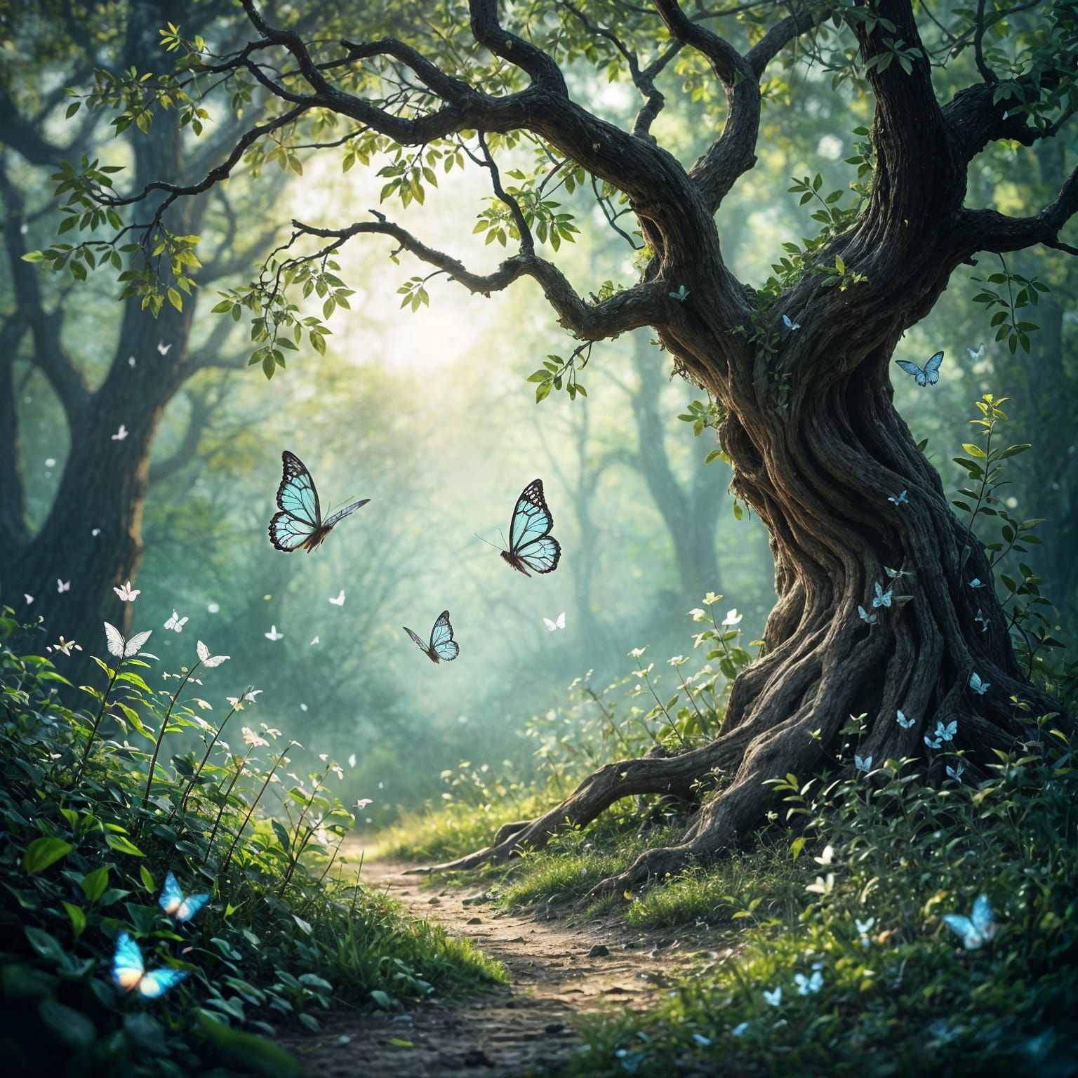Dreamlike Forest Clearing with Stained Glass Butterflies