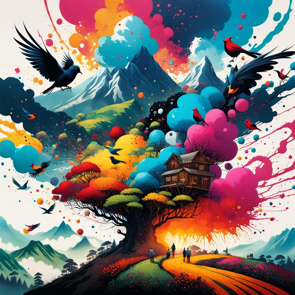 Ink Splatter Coffee Farm with Exploding Birds