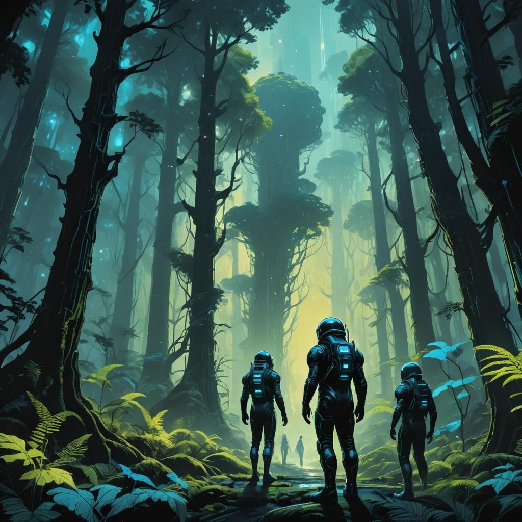 Astronaut Encounters Ancient Alien Forest in Neon-Lit Dystop...