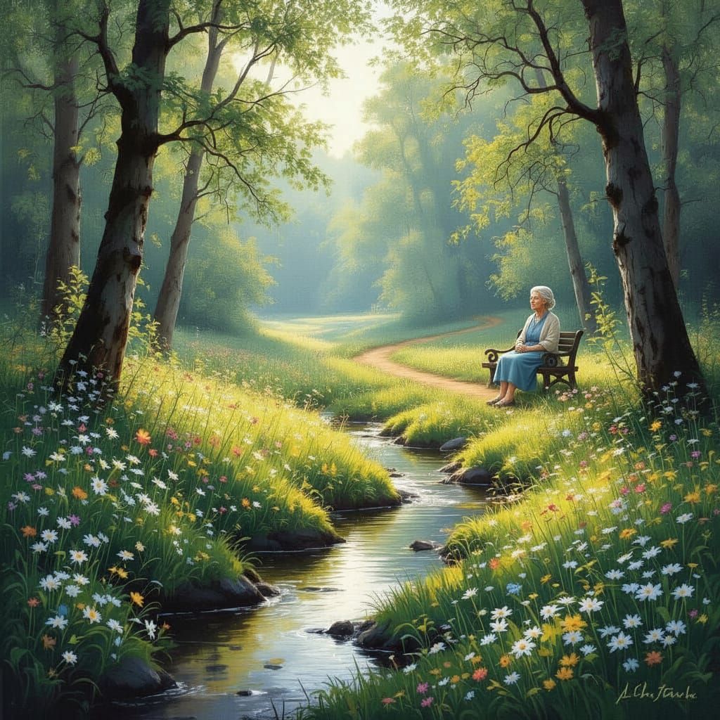 Serene Forest Clearing Oil Painting with Wildflowers