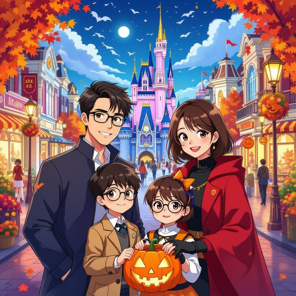 Anime Family in Halloween Costumes at Theme Park