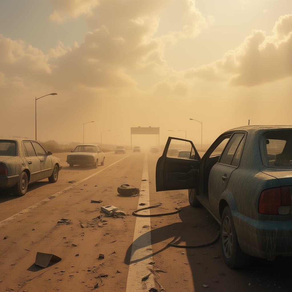 Apocalyptic Motorway Scene with Abandoned Cars