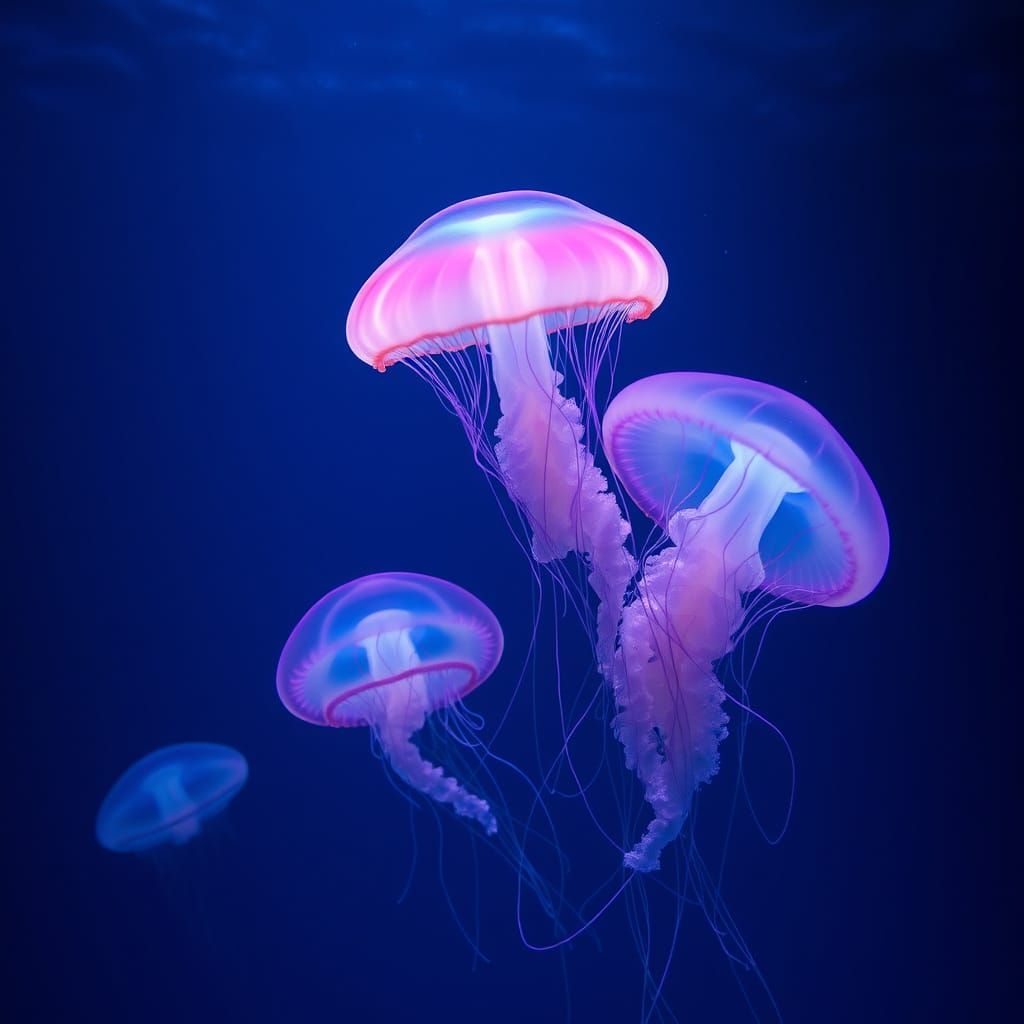 deep blue ocean with luminous jelly fish floating around