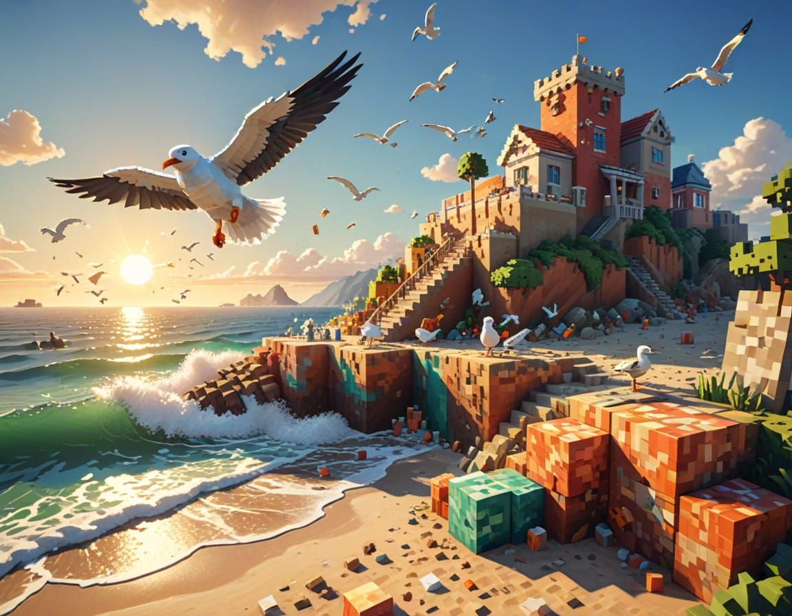 Minecraft Character Builds on Beach in Pixel Art Style