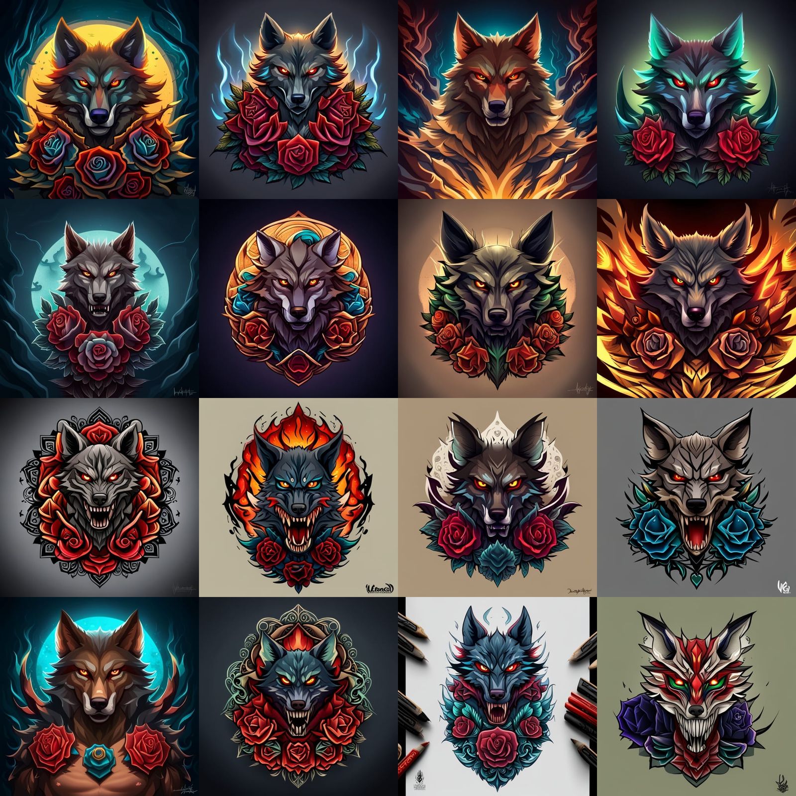 "neo traditional tattoo design of a sinister looking wolf snarling at you with anger" detailed matte painting, deep colo...