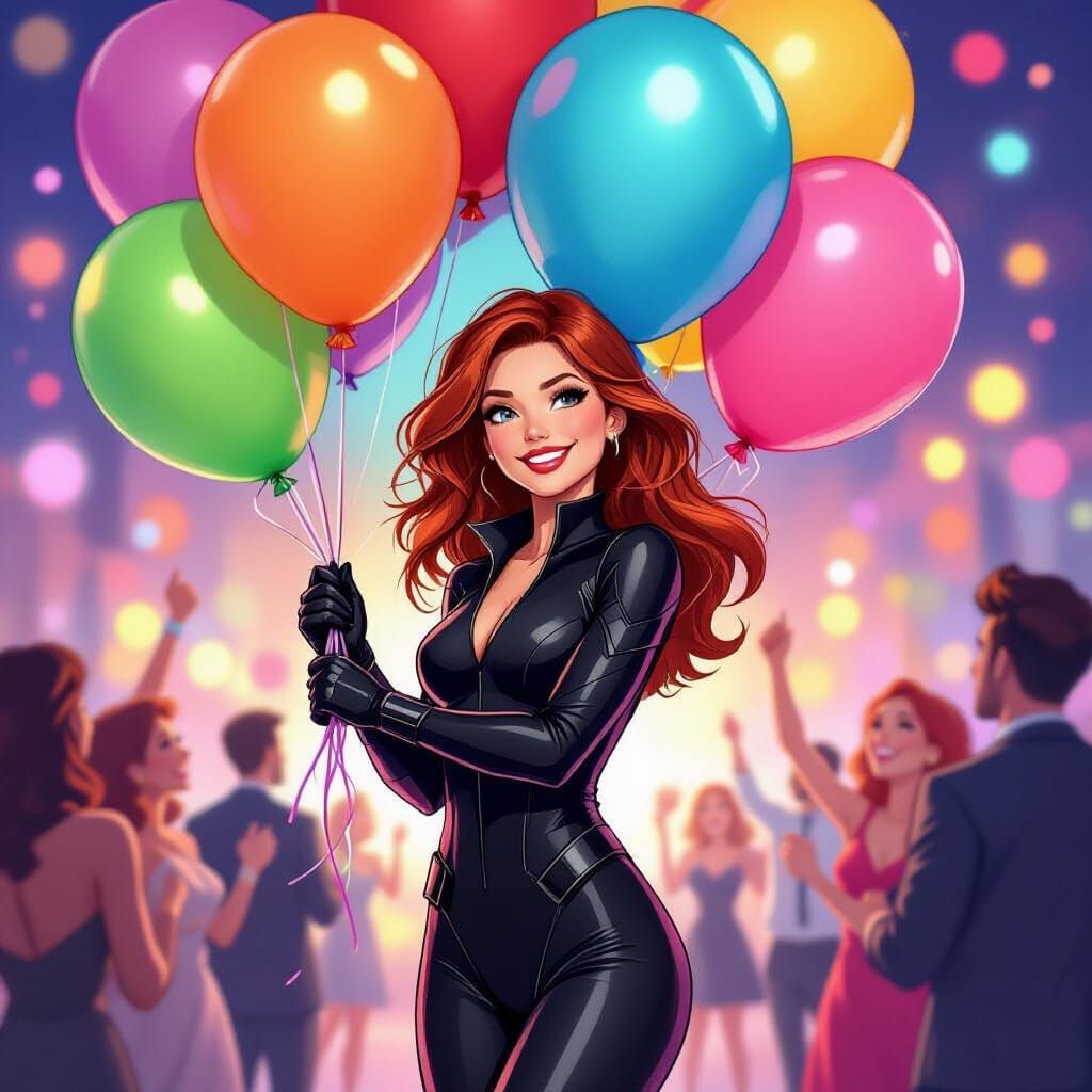 Black Widow Celebrates with Party Balloons