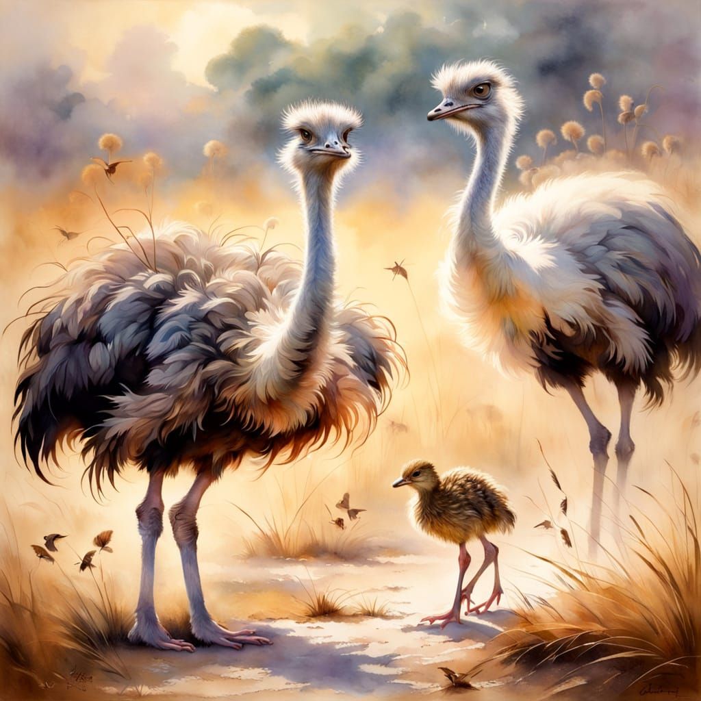 Impressionist Ostrich and Mouse on Spring Savannah