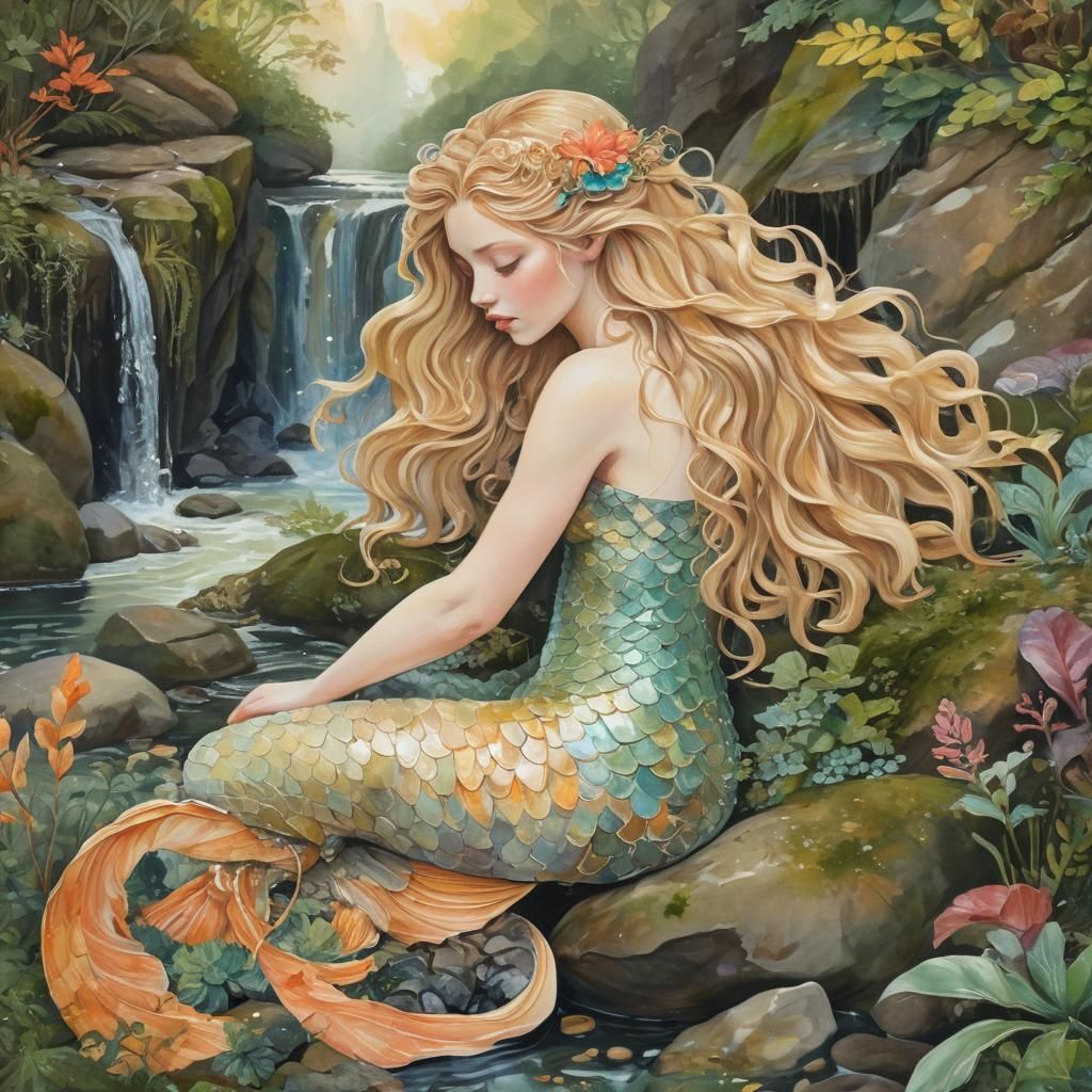Young Mermaid with Rapana Shell in Vast Aquatic Scene