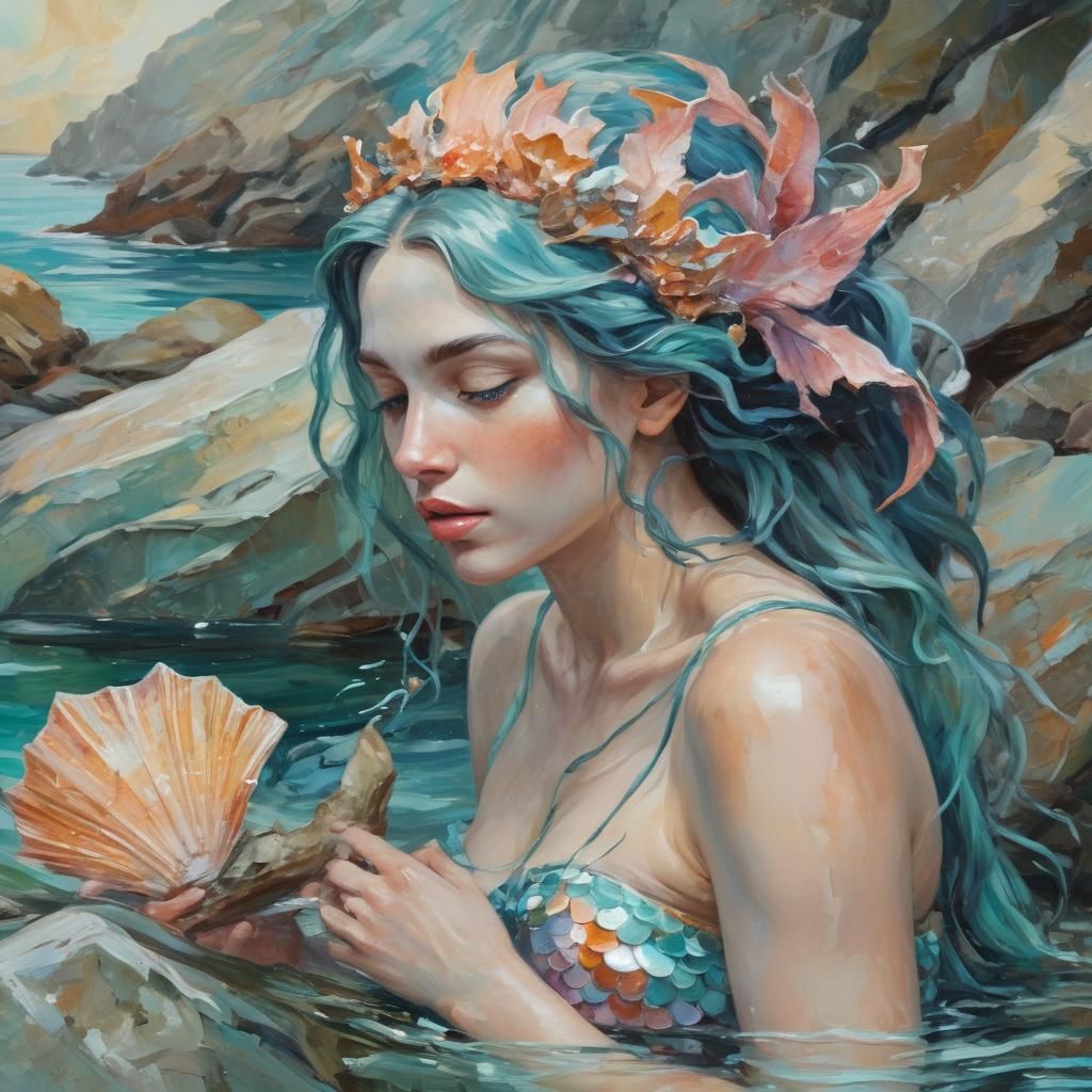 Ethereal Mermaid Portrait in Impressionist Style