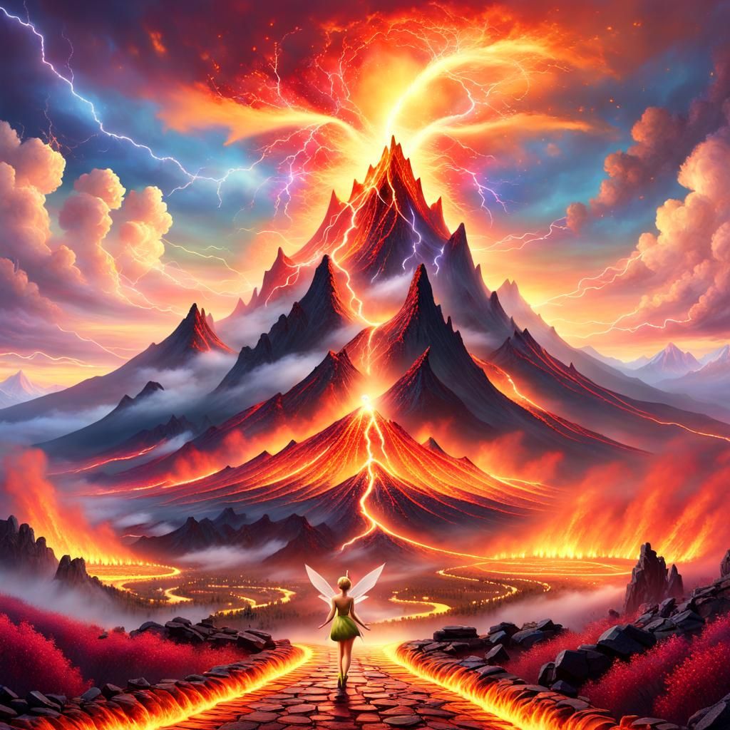 Tinkerbell at Mount Doom in Ethereal Fantasy Landscape