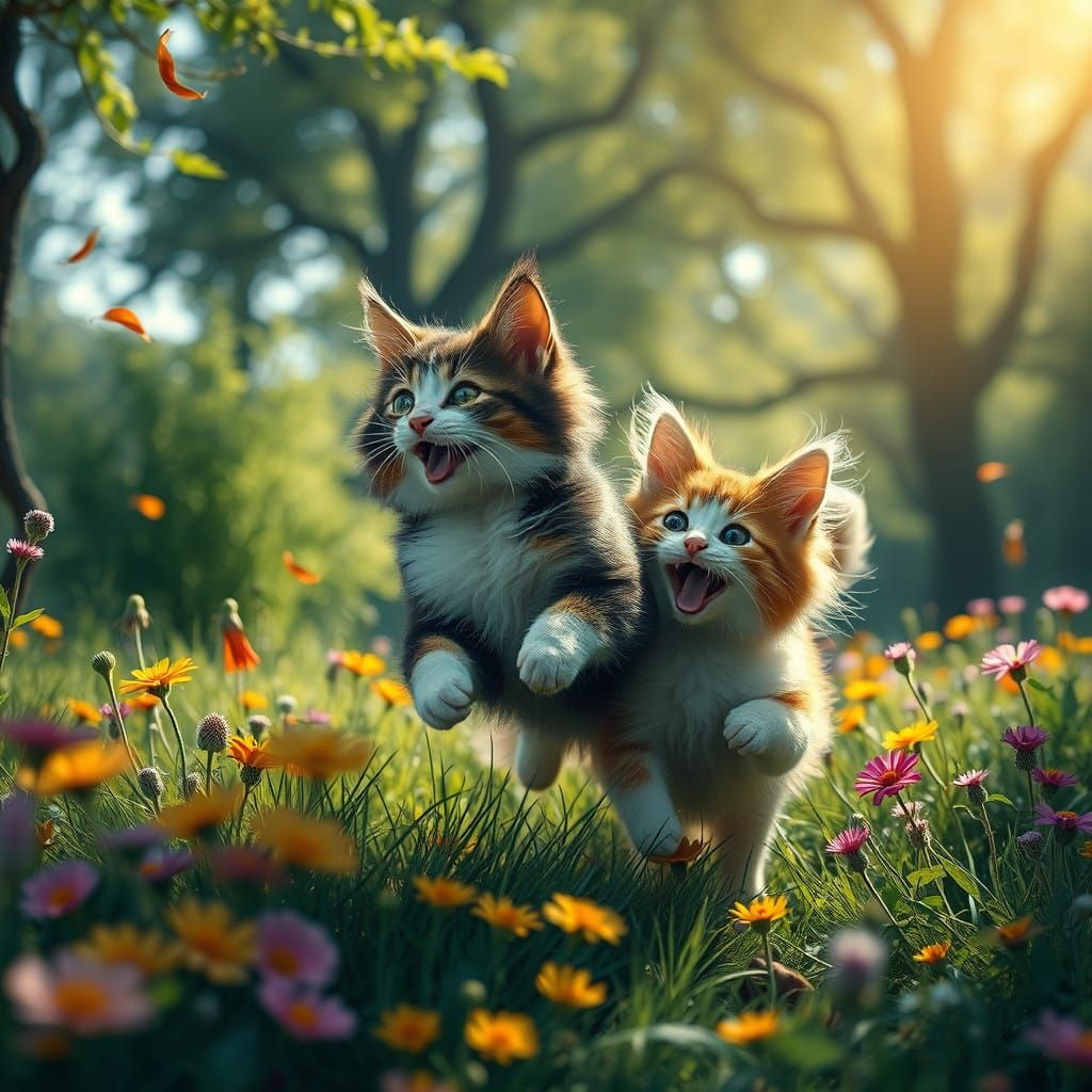 Magical Whimsical Cat and Dog Duo in a Sun-Kissed Park