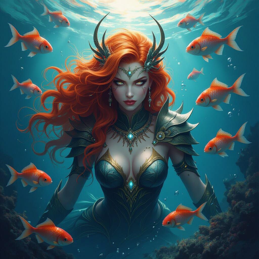 Pisces Warrior Goddess Underwater Fantasy Art