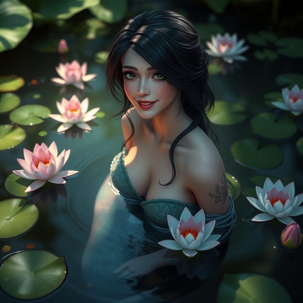 Smiling Mermaid in Waterlily Pond: Detailed Matte Painting