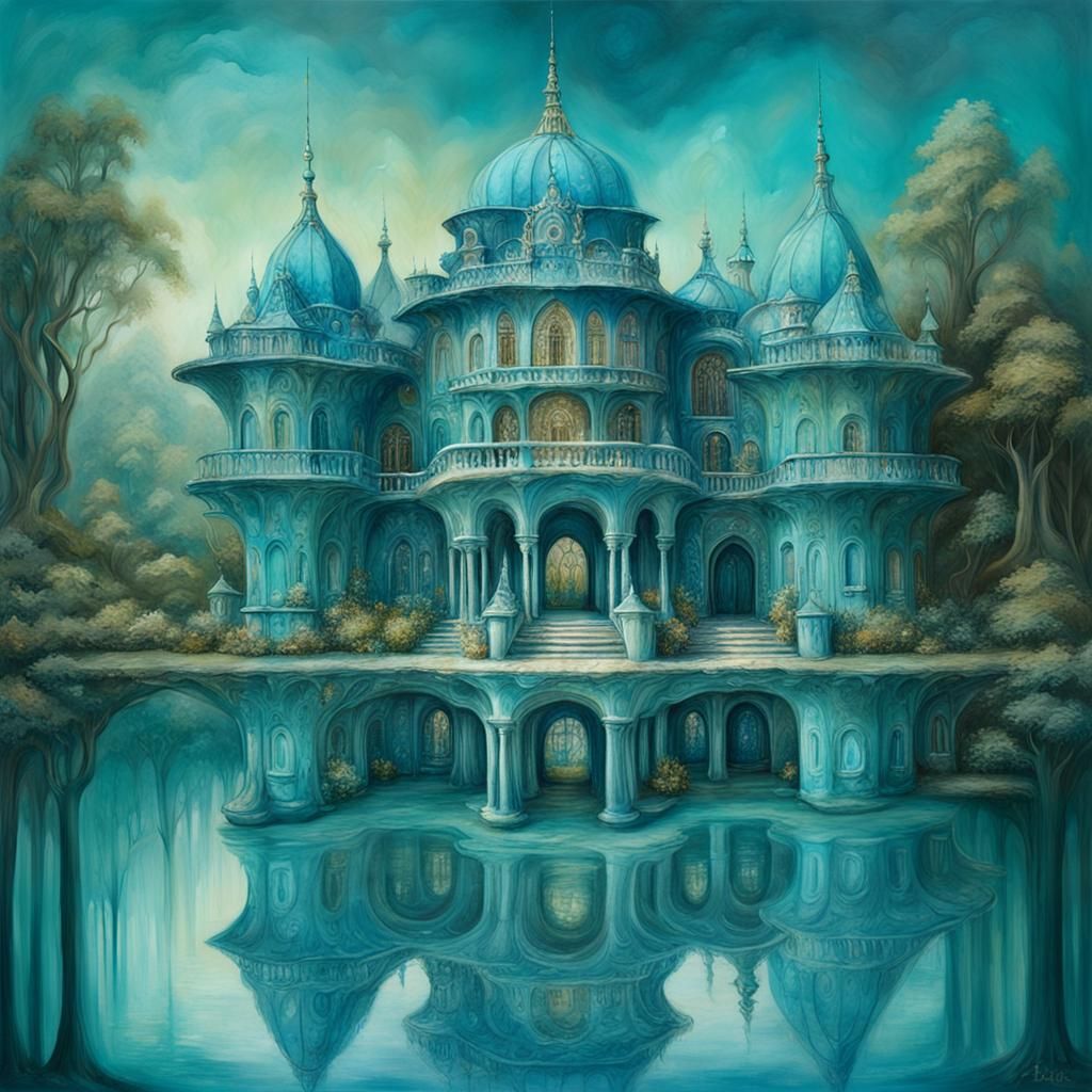 Surreal Water Palace in Oil Painting Style