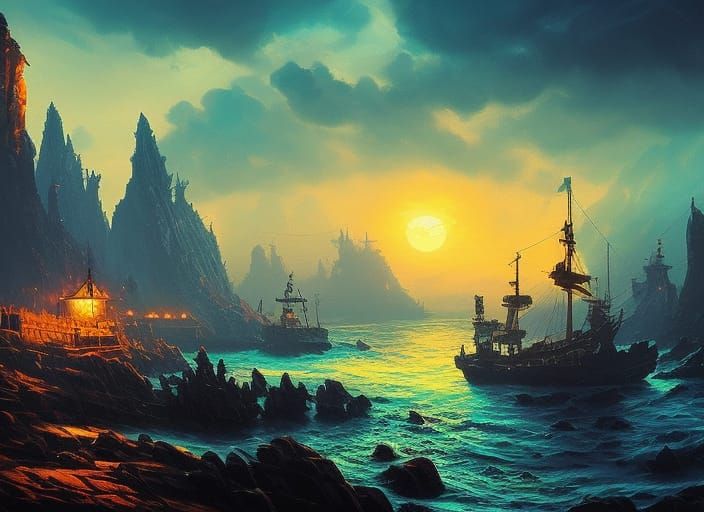 Sinister Neon Pirate Cove in Maximalist Style