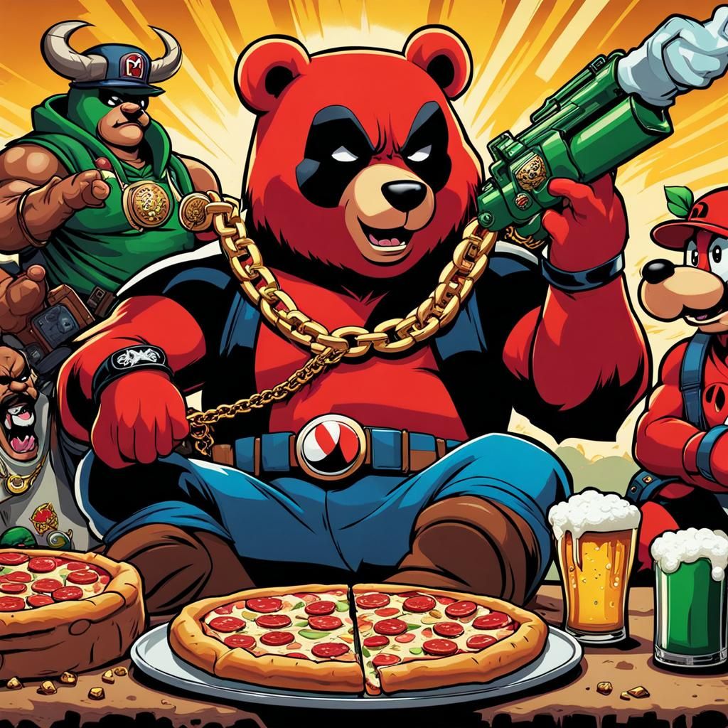 Gangster Grizzly Bear Watches Deadpool vs Mario