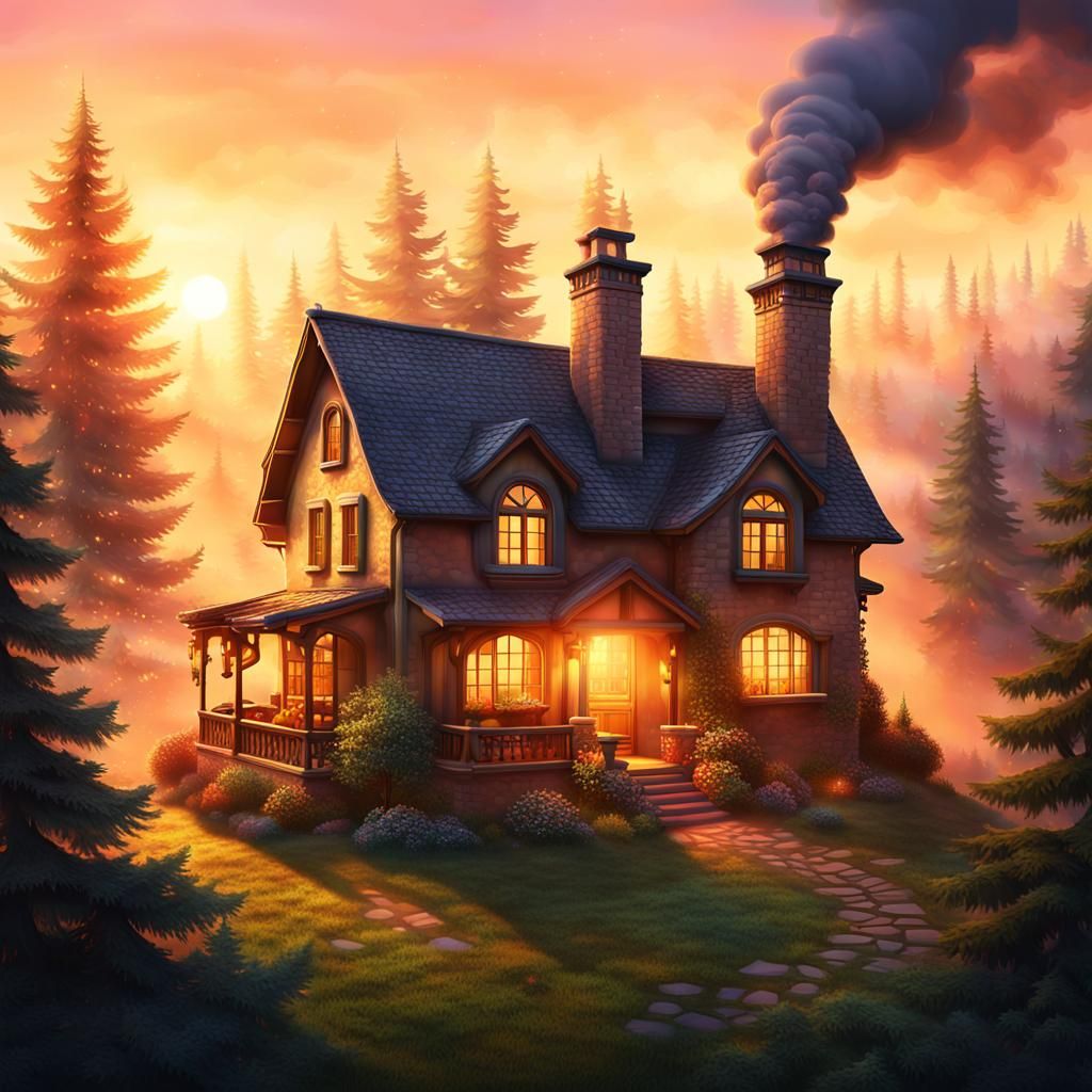 Whimsical Golden Light House Scene in Dreamy Digital Art