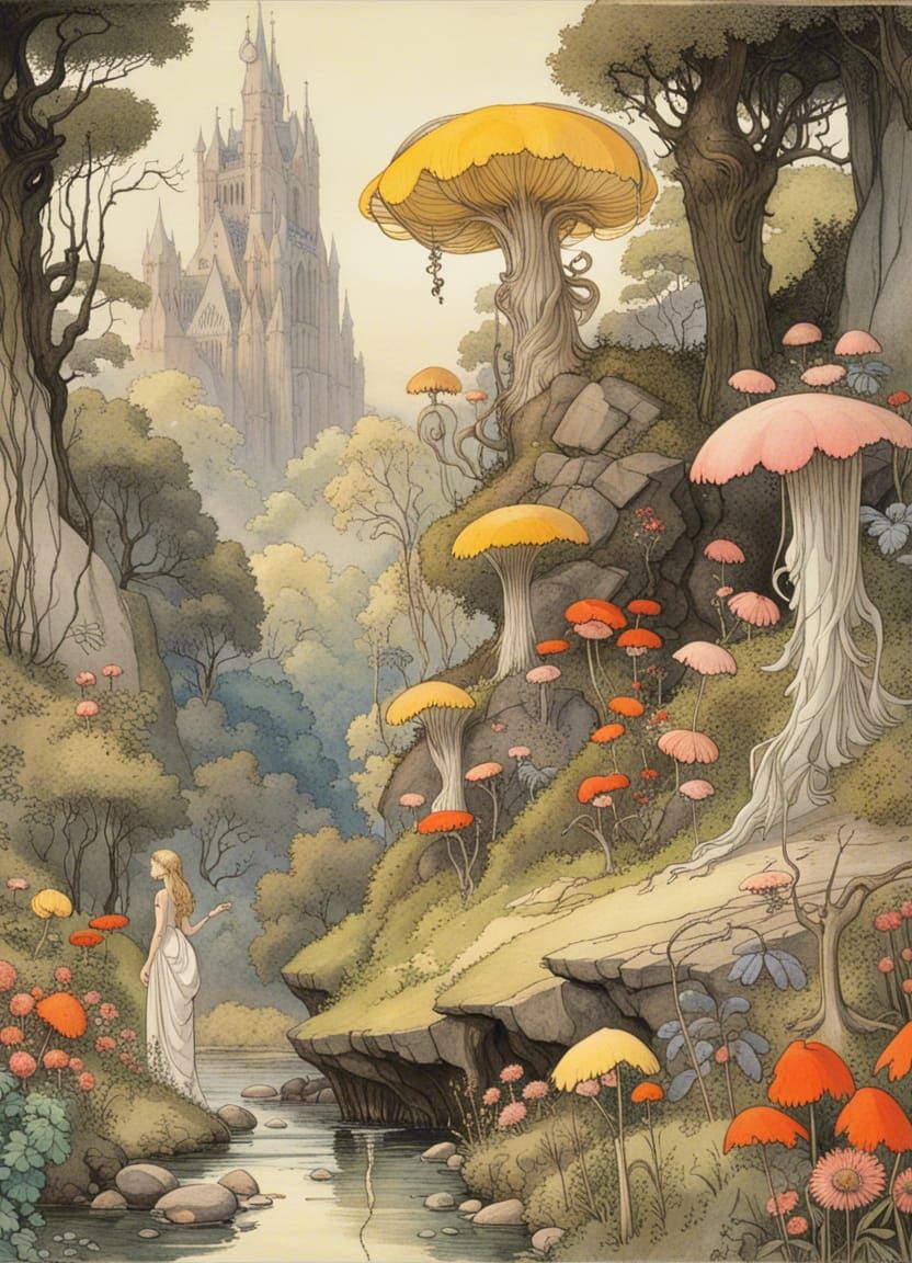 Enchanted Garden Landscape with Fairies in Fantasy Art Style