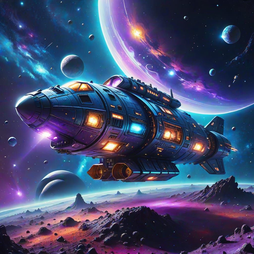 Majestic Spaceship Explores Galaxy in Digital Art