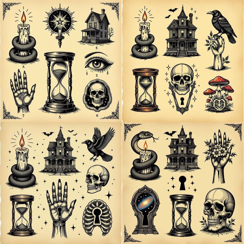 Blackwork Tattoo Flash Sheet with Eerie Designs