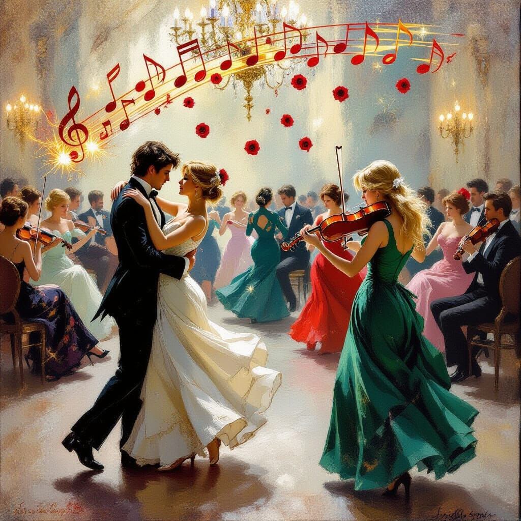 Impressionist Painting of Violinist and Dancing Couple