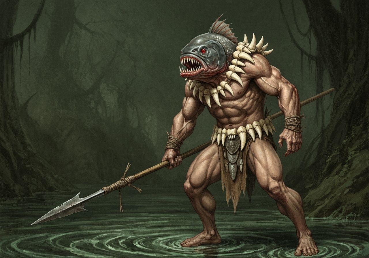 Piranha Warrior Illustration in Gothic Horror Style