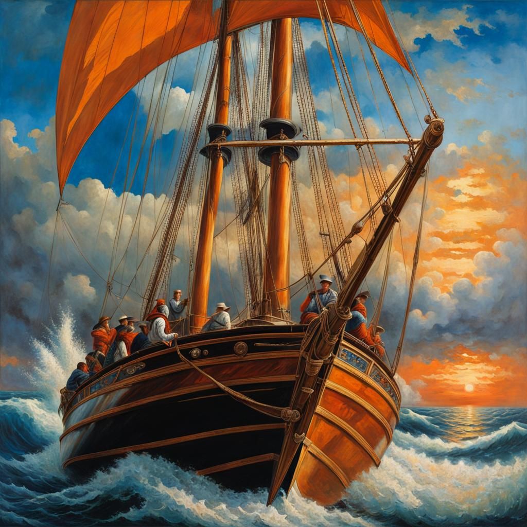 Romantic Sailboat on Wavy Sea: Photorealistic Image