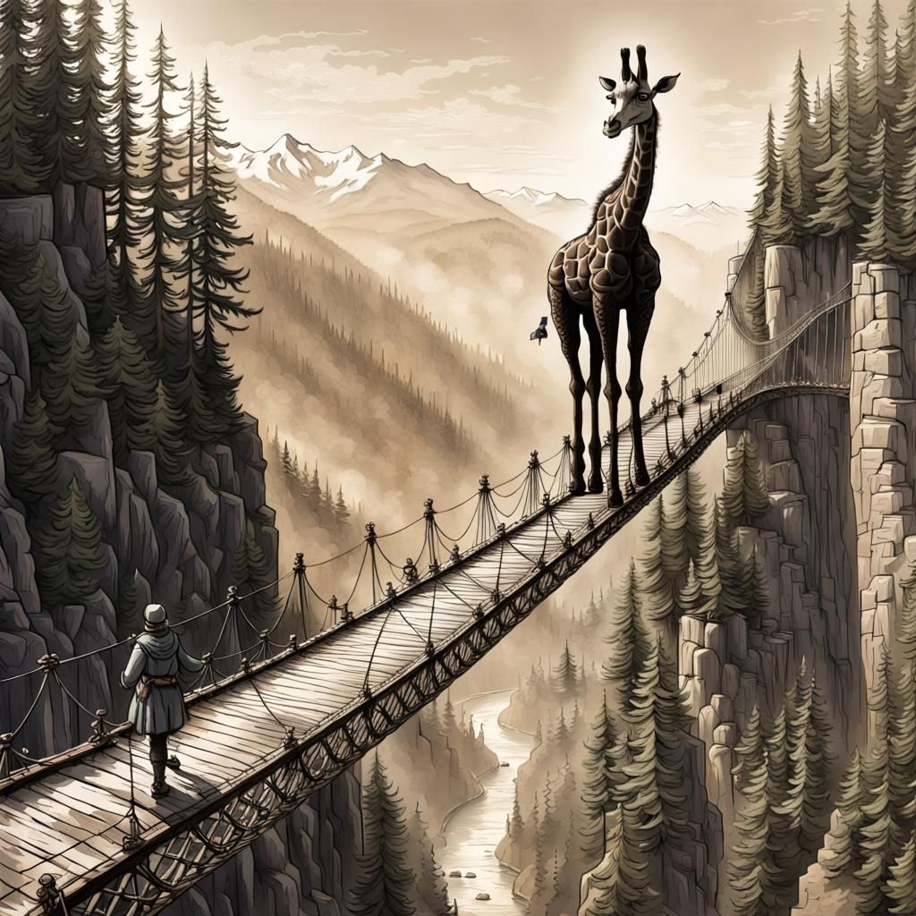 Giraffe Balances on Capilano Bridge in Horror Style