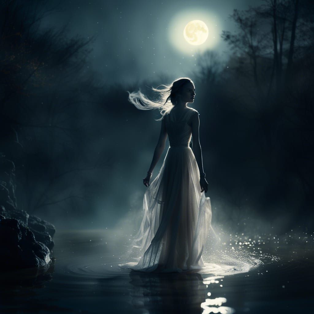 Water Sylph Bathed in Moonlight, Cinematic Still