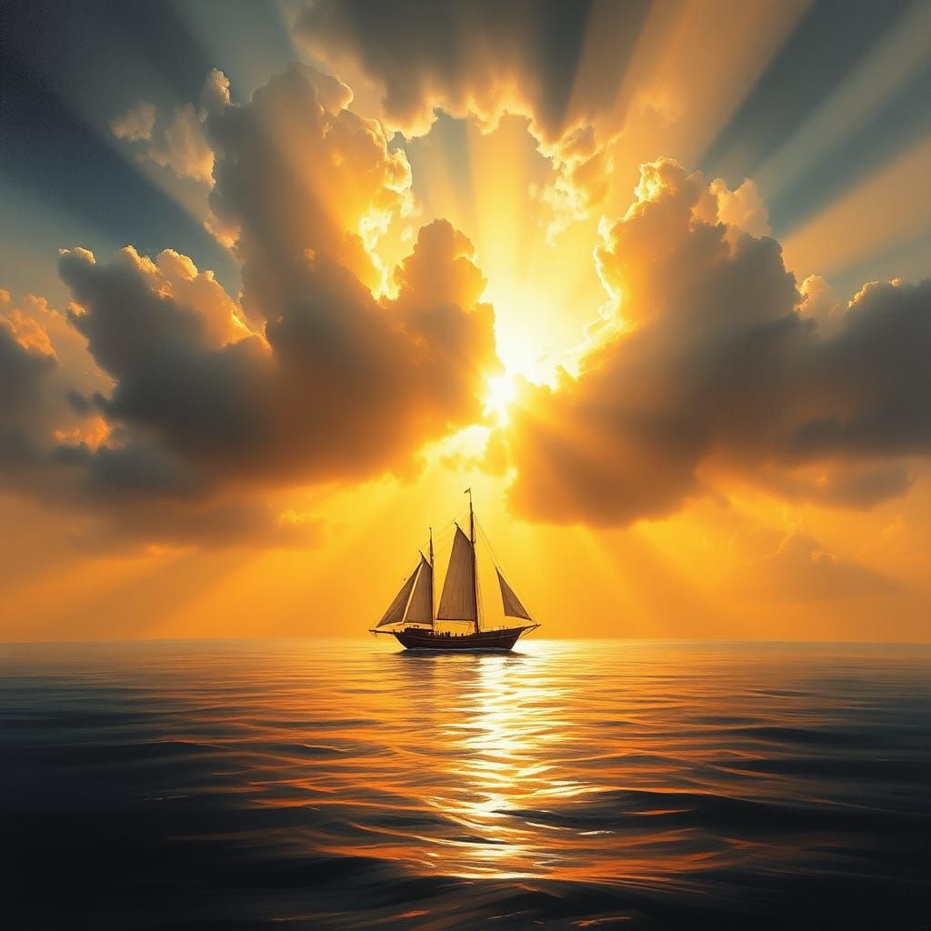 Pirate Ship at Sunset: Neo-Impressionist Oil Painting