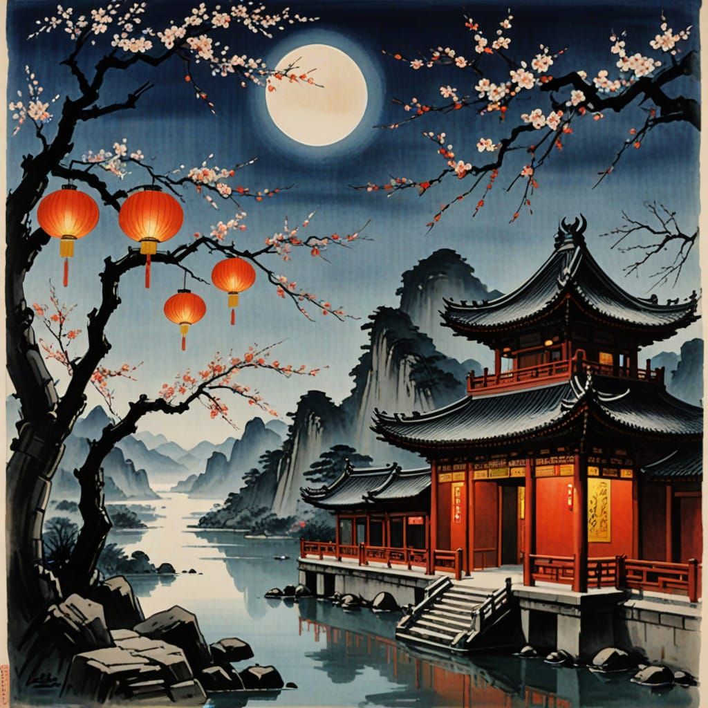 Serene Chinese Temple at Full Moon Night in Classical Style