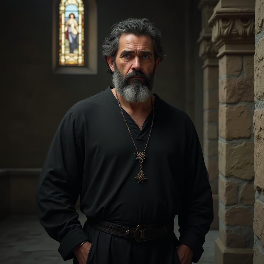 Somber Portrait of a Middle-Aged Man in a Dimly Lit Chapel